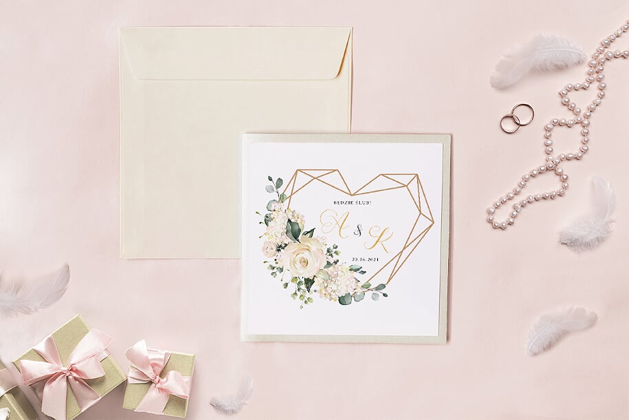 Eleganckie zaproszenia ślubne Zaproszenie ślubne - Kwadratowy zestaw - Geometryczne serce z białymi hortensjami