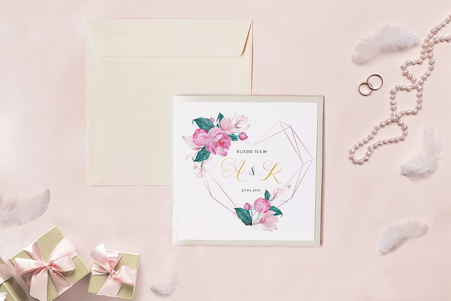 Eleganckie zaproszenia ślubne Zaproszenie ślubne - Kwadratowy zestaw -  Geometryczne serce z różową magnolią