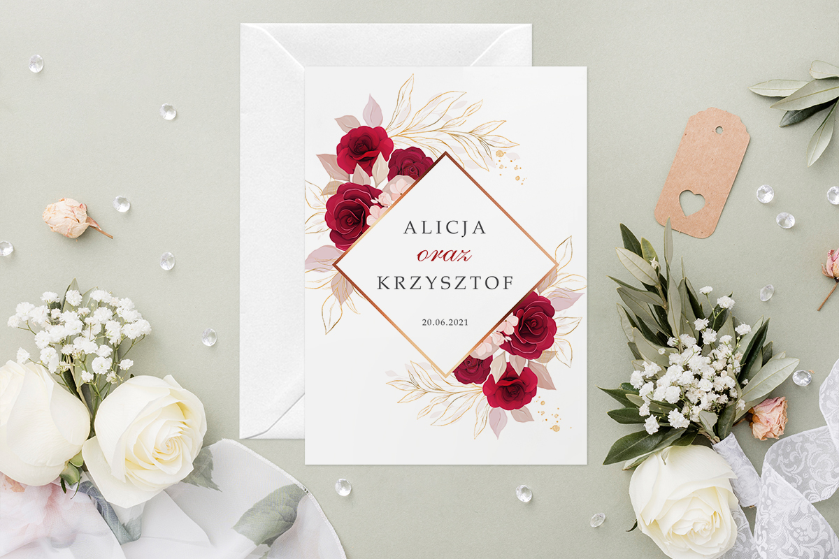 Eleganckie zaproszenia ślubne Zaproszenie ślubne - Geometryczne Kwiaty - Pąsowe róże