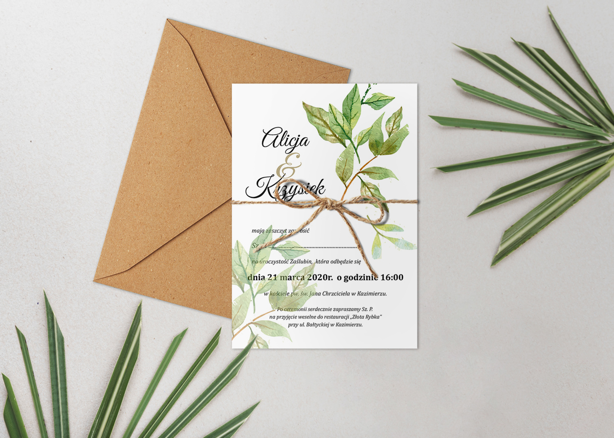 Nowoczesne zaproszenia ślubne Zaproszenie ślubne Botaniczne Jednokartkowe - Zielone liście