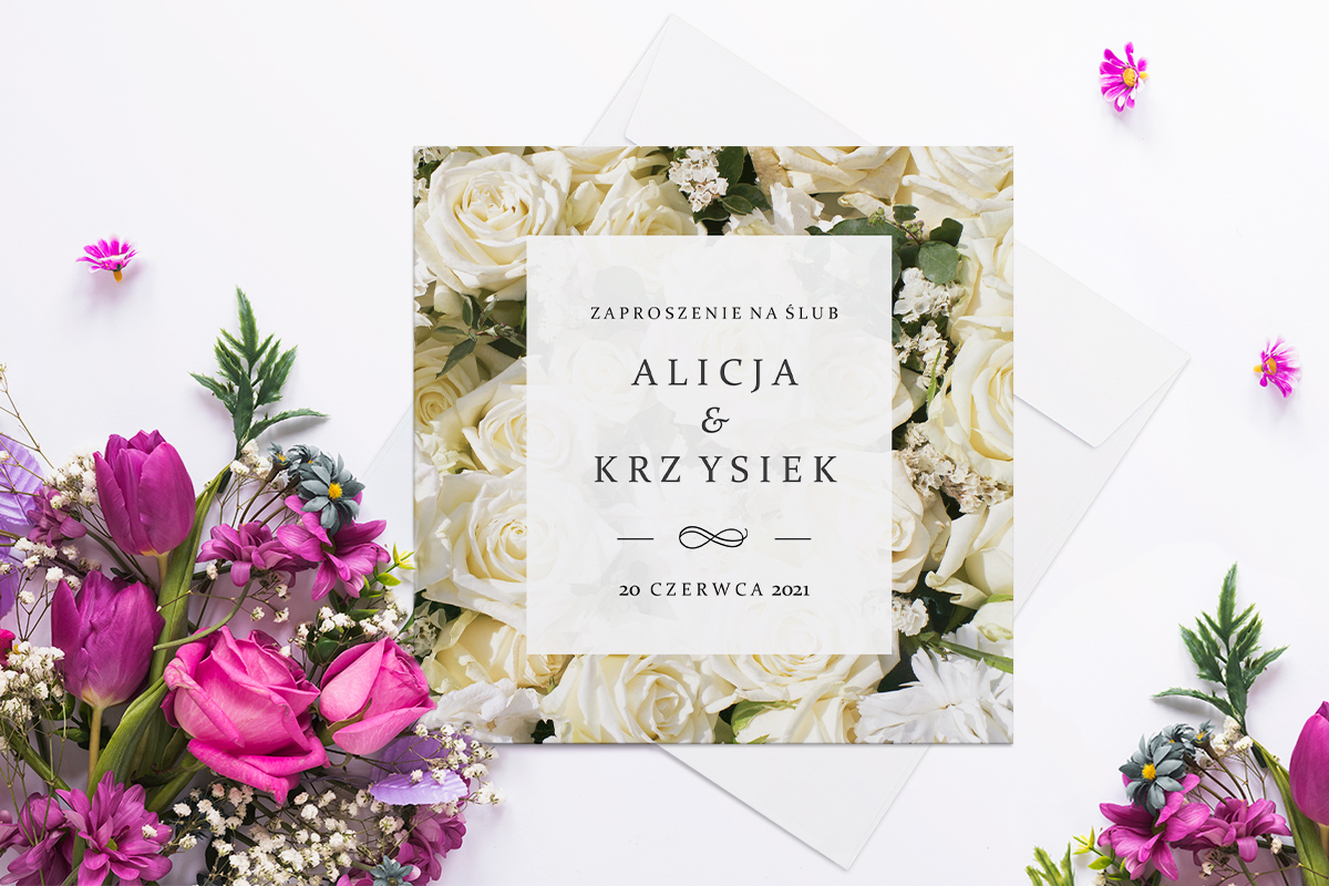 Eleganckie zaproszenia ślubne Zaproszenie ślubne Fotograficzne Kwiaty - Białe Róże