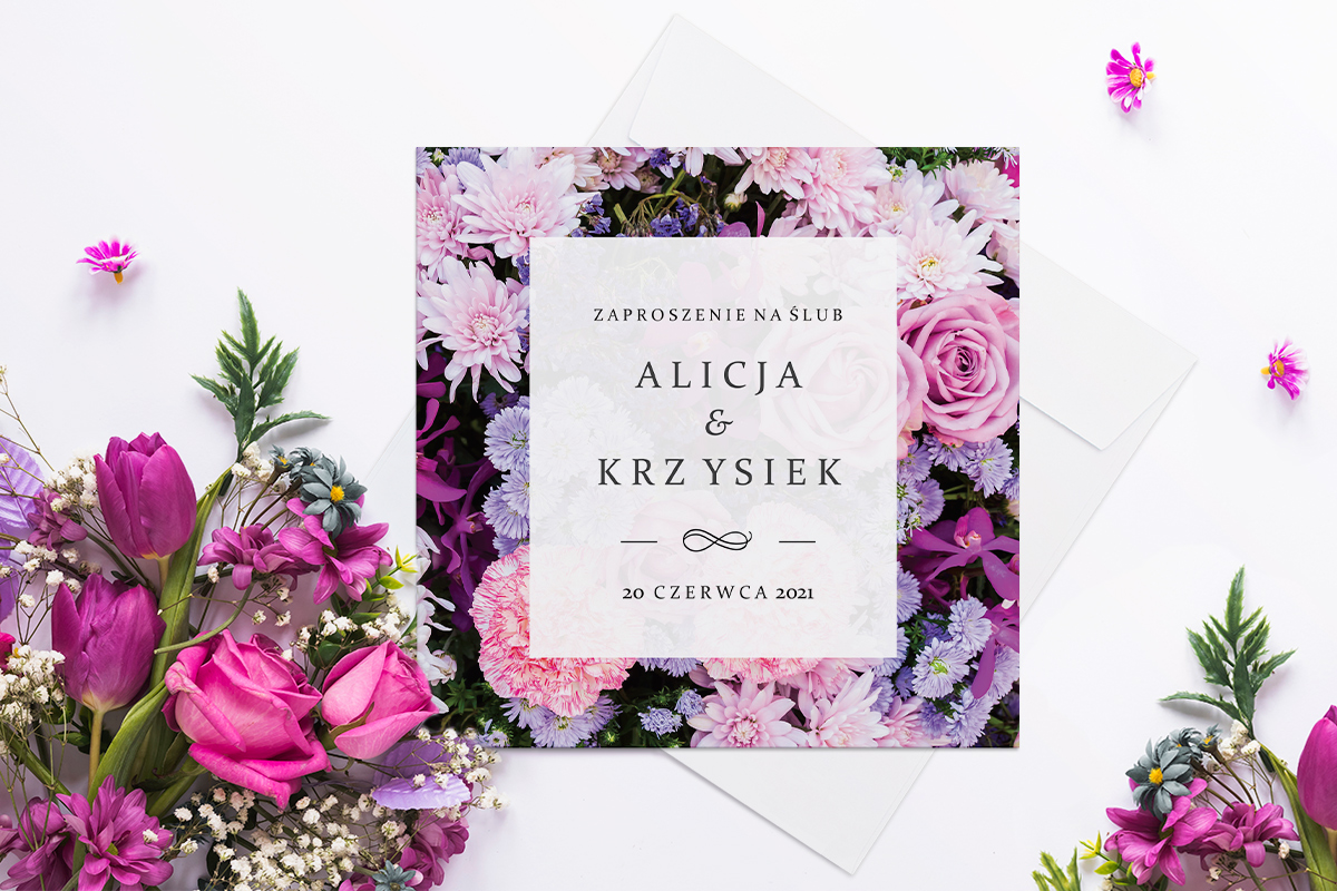 Zaproszenia Ślubne Zaproszenie ślubne Fotograficzne Kwiaty - Różowo-fioletowy bukiet