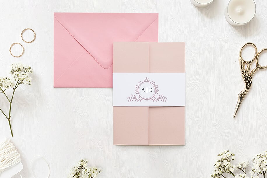 Eleganckie zaproszenia ślubne Zaproszenie ślubne w folderze - Ornamentowe z szarfą - Pudrowy róż