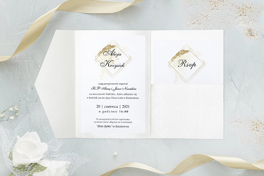 Nowoczesne zaproszenia ślubne Zaproszenie ślubne Brokatowe w folderze - Białe