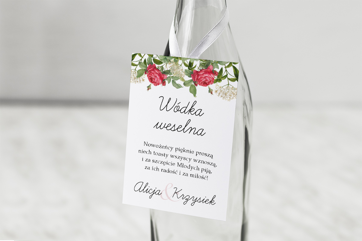 Dodatki ślubne Zawieszka na alkohol Kwiaty Vintage – Róża i gipsówka