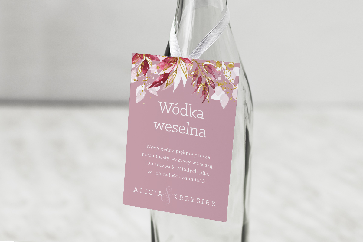 Dodatki ślubne Zawieszka na alkohol Akwarelowe Bukiety – Kolorowe listki na różowym tle
