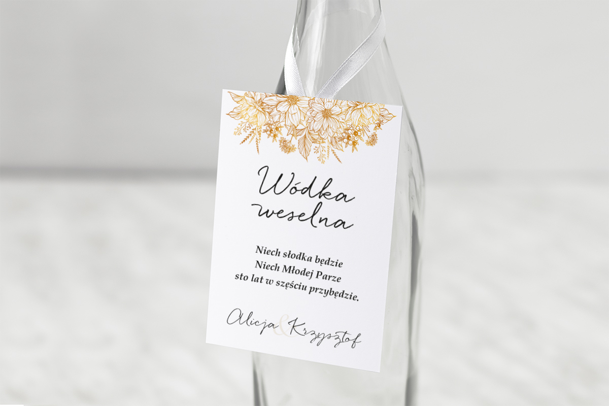 Dodatki ślubne Zawieszka na alkohol do zaproszeń jednokartkowych z Kwiatami - Złote kwiaty
