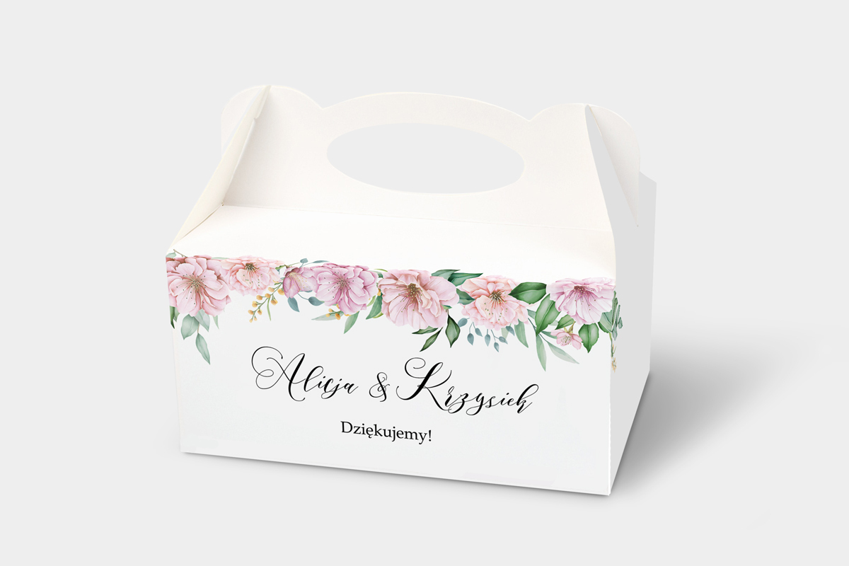 Pudełka na ciasto weselne z personalizacją Pudełko na ciasto różowy motyw - Kwiat wiśni