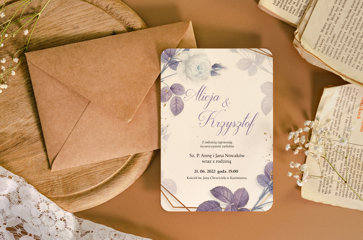 Tanie zaproszenia ślubne Zaproszenie ślubne recyklingowe Z kwiatową ramką - Fioletowe