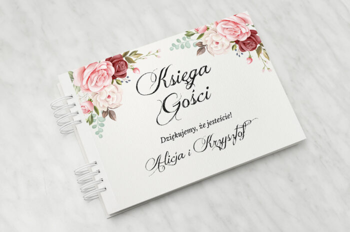 ksiega-gosci-kwiatowe-galazki-rozowo-bordowe-roze-papier-matowy-dodatki-ksiega-gosci