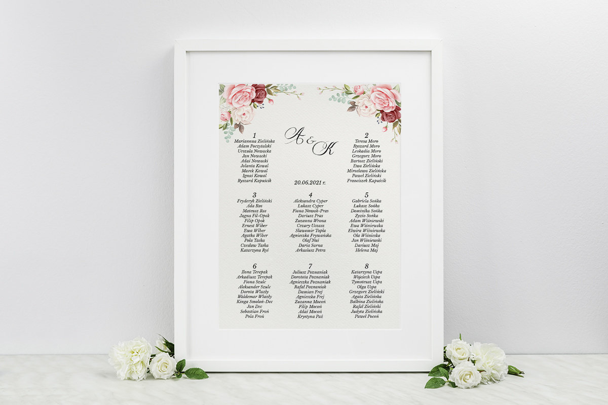 Dodatki ślubne Plan stołów weselnych Kwiatowe gałązki - Różowo bordowe róże