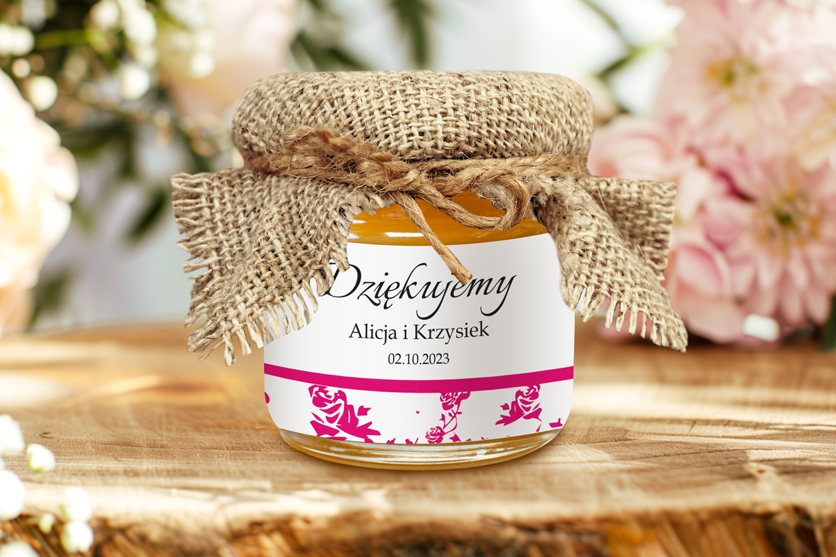 Miód podziękowanie dla gości Miód dla gości weselnych - Ornament z kokardką