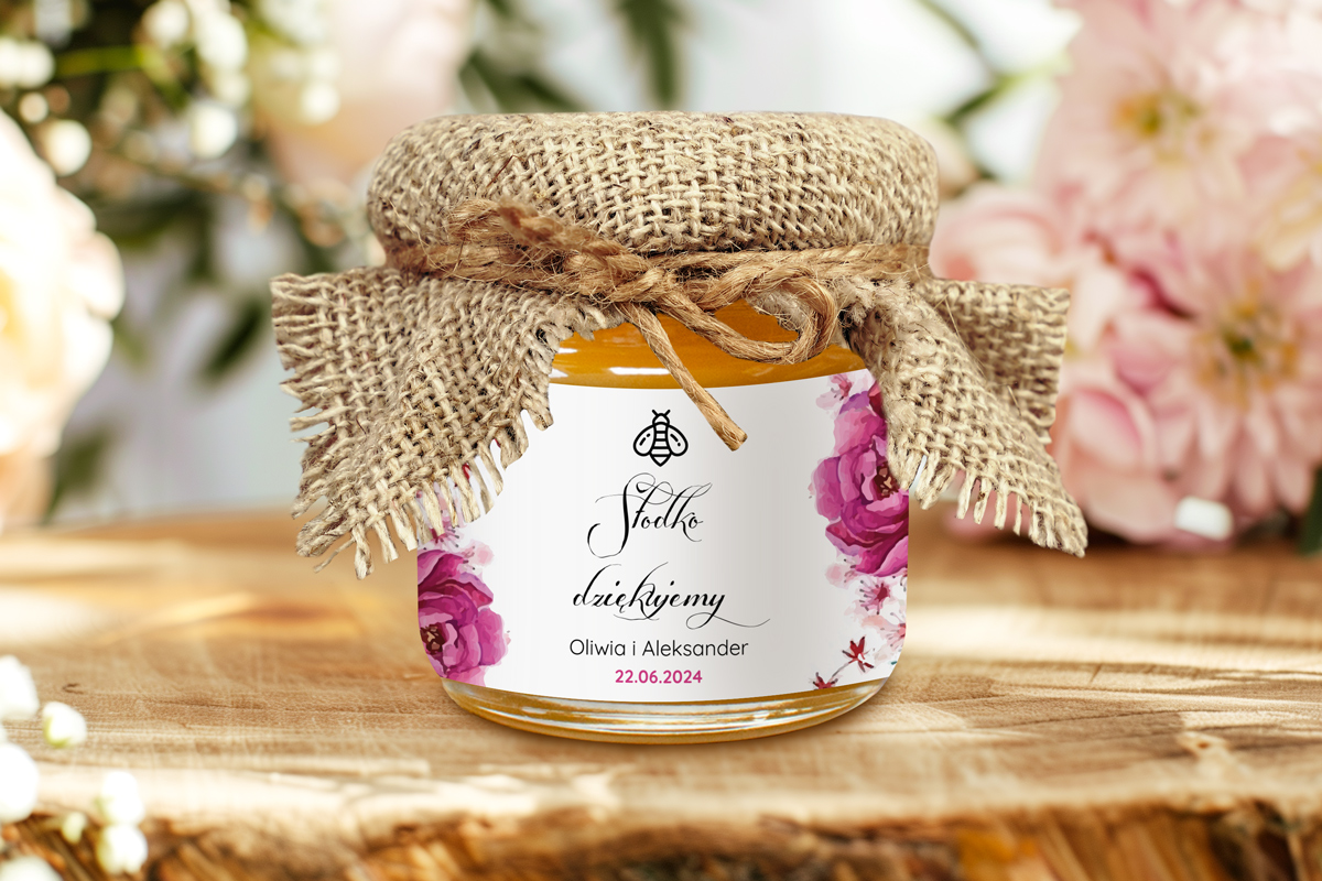 Miód podziękowanie dla gości Miodek w słoiczku - Podziękowanie dla Gości - Fuksjowe peonie