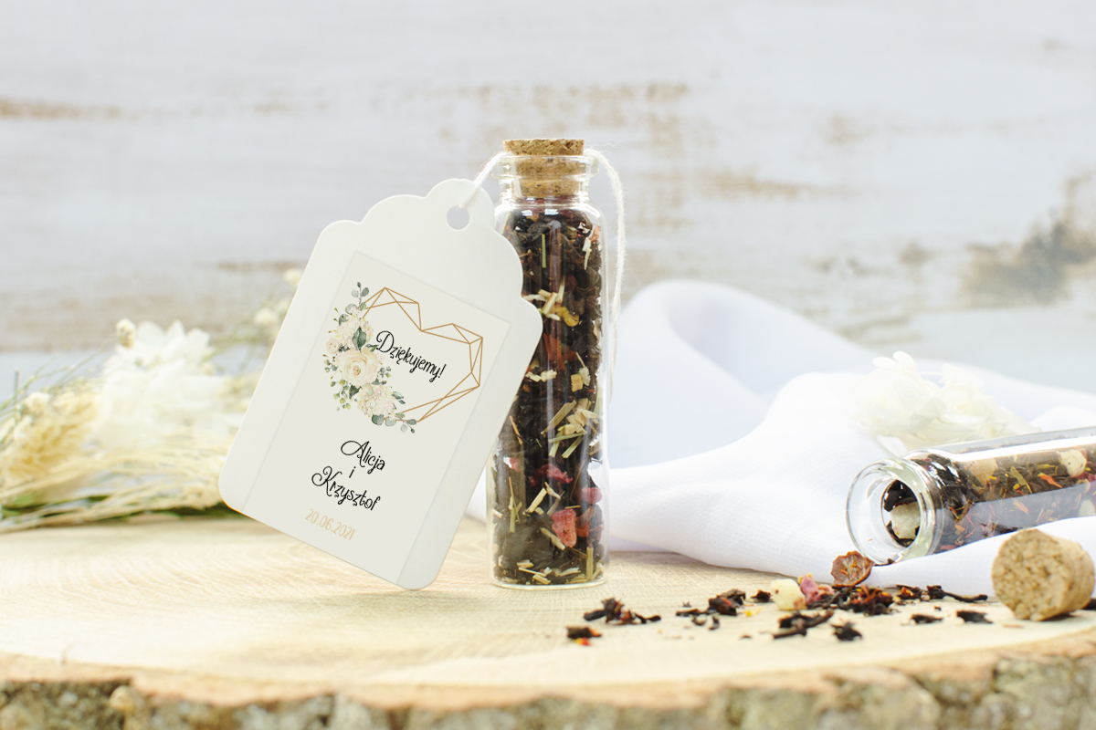 Herbata dla gości weselnych Herbatka w butelce - Białe hortensje
