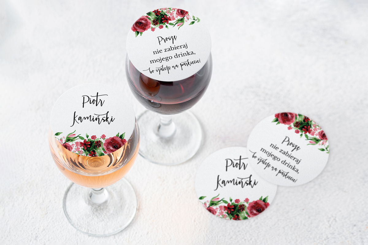 Dodatki ślubne Nakładka na kieliszek z winietką – Burgundowe róże