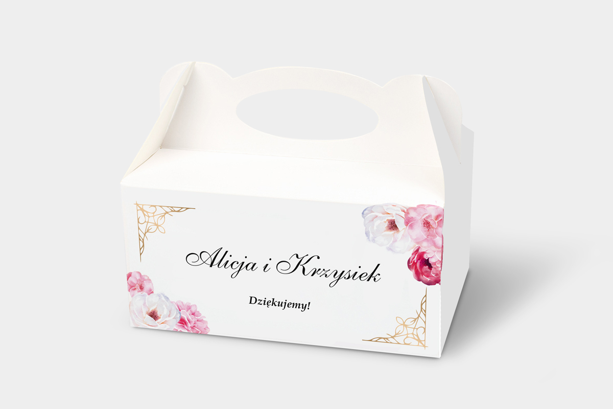 Pudełka na ciasto weselne z personalizacją Ozdobne pudełko na ciasto z lakiem – Różane