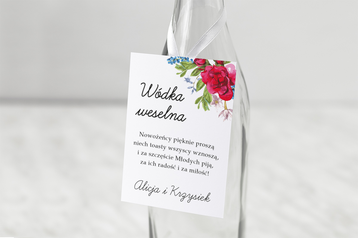 Dodatki ślubne Zawieszka na alkohol "Kwiatowe Tła" - Pąsowe róże