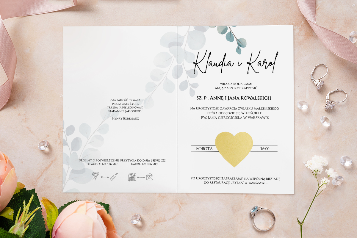 Oryginalne zaproszenia ślubne Zaproszenie ślubne ze zdrapką - Eukaliptus ze złotymi gałązkami