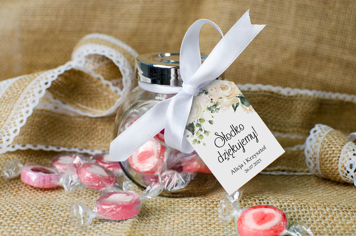 Cukierki dla gości weselnych Cukierki w słoiku z personalizacją - Białe hortensje