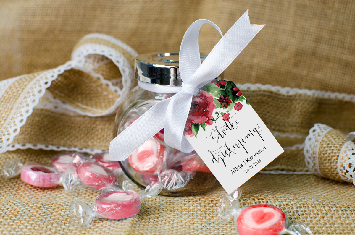 Cukierki dla gości weselnych Cukierki w słoiku z personalizacją - Burgundowe róże