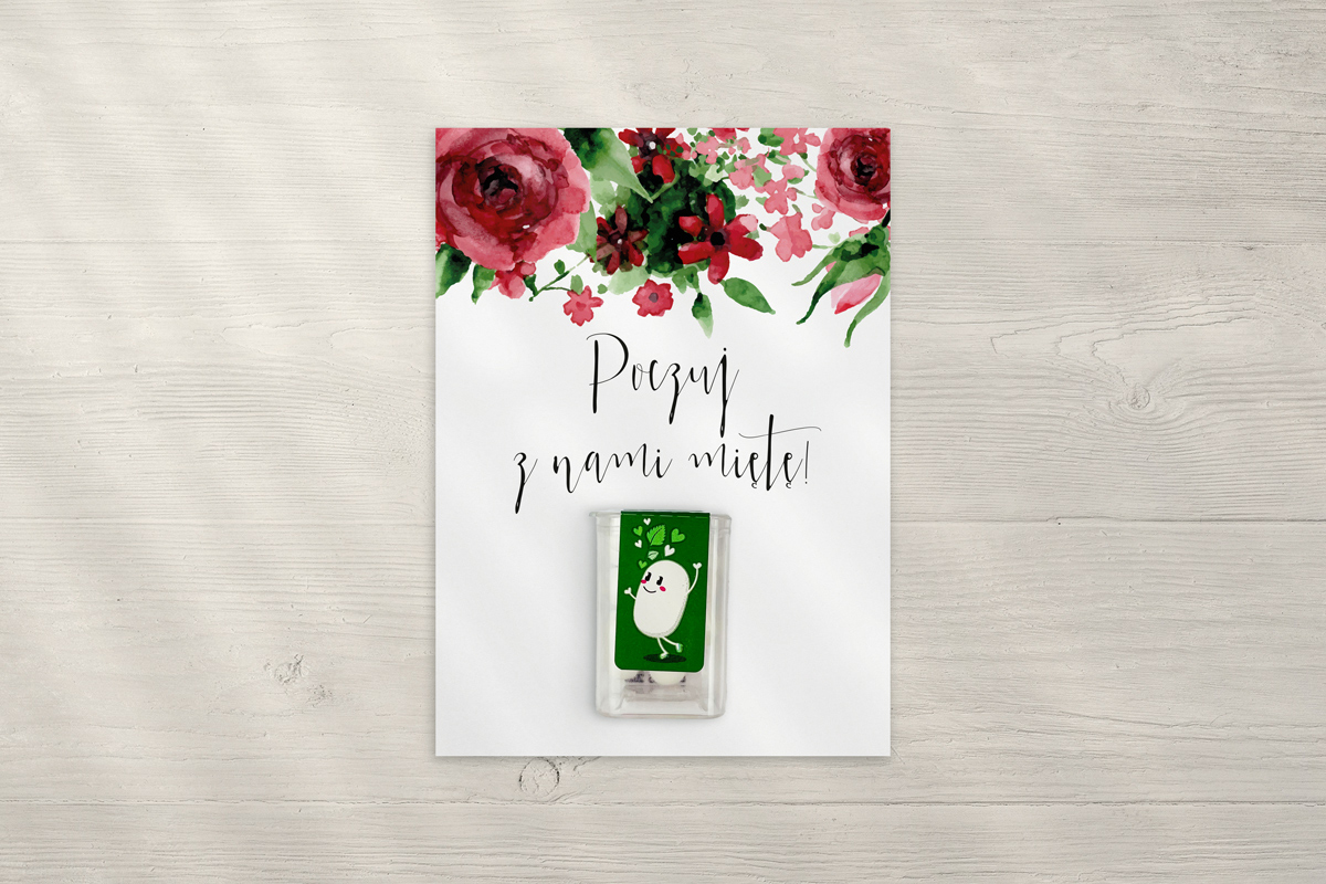 Cukierki dla gości weselnych Tic tac dla gości na kartce - Burgundowe róże