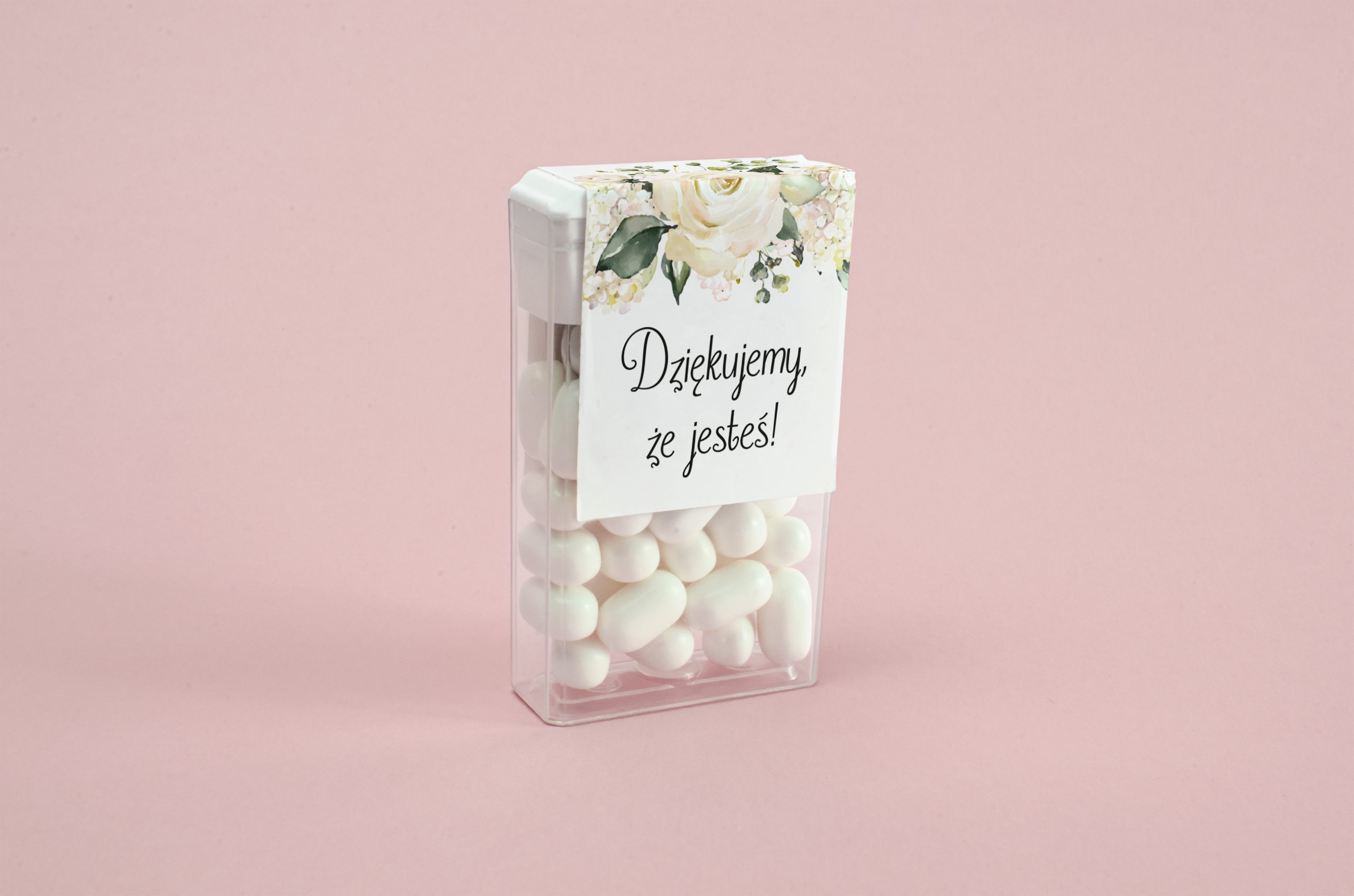 Cukierki dla gości weselnych Tic tac podziękowanie dla gości - Białe hortensje