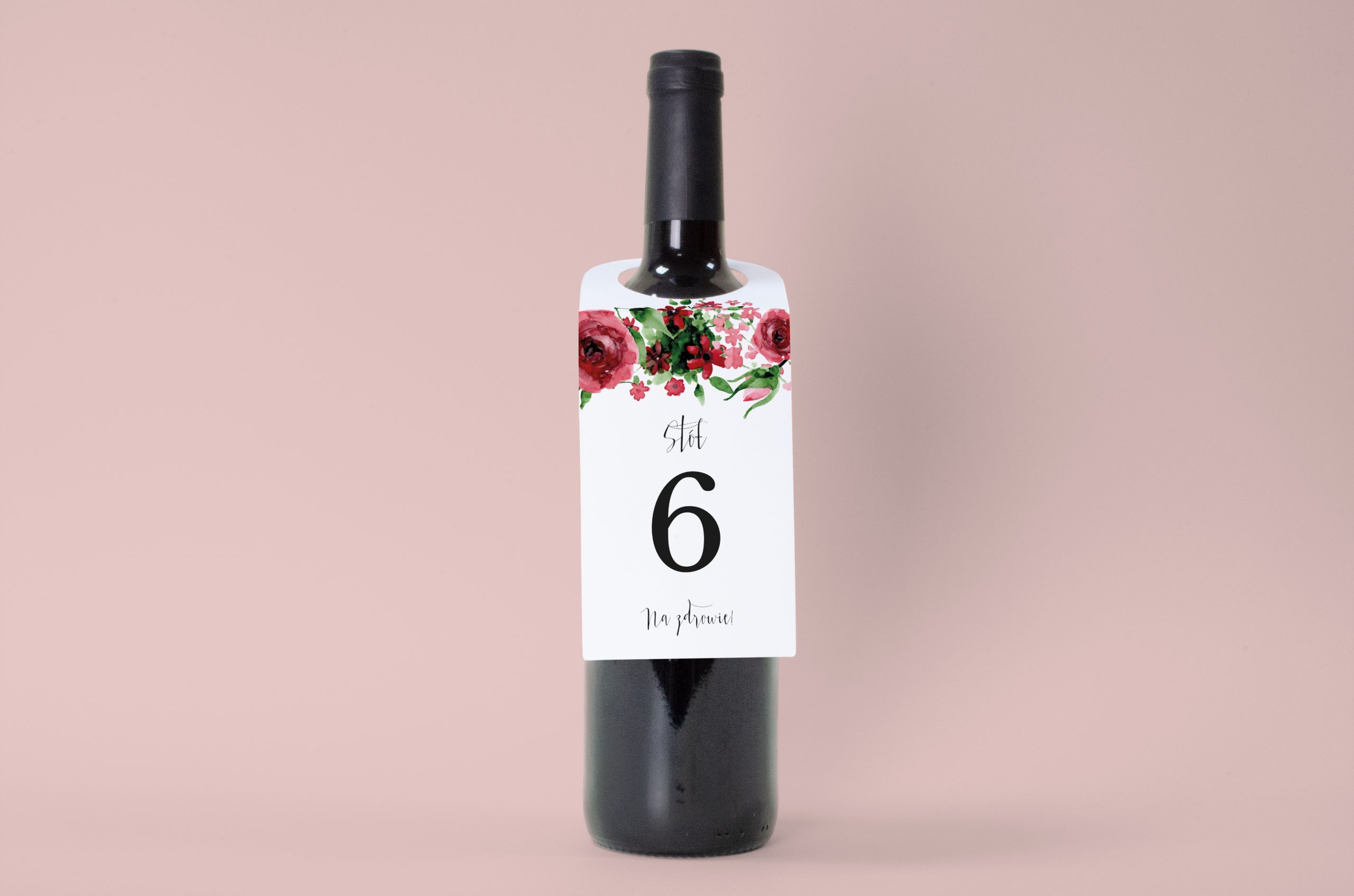 Dodatki ślubne Zawieszka numerek na butelkę - Burgundowe róże