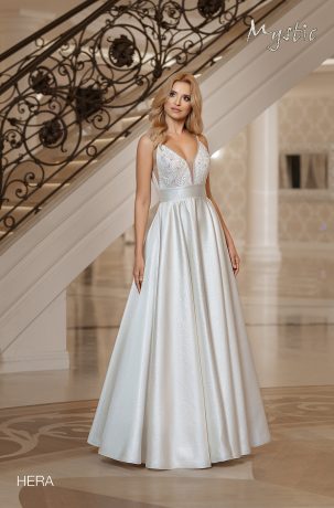 Suknie ślubne Elegancka suknia ślubna z głębokim dekoltem w kształcie litery V i zdobionym gorsetem