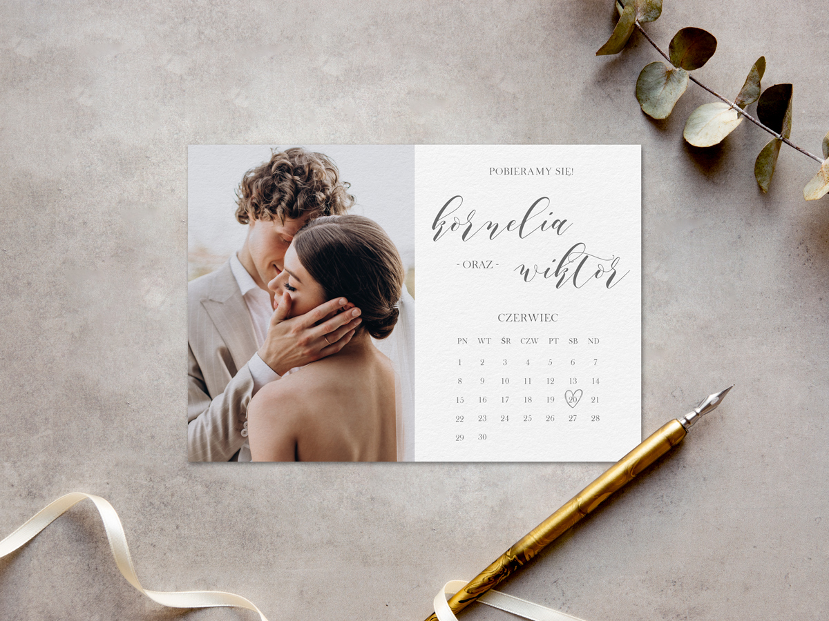 Minimalistyczne zaproszenia ślubne Zaproszenie ślubne - Minimalistyczna kartka z kalendarza ze zdjęciem