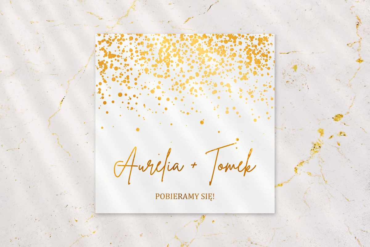 Oryginalne zaproszenia ślubne Minimalistyczne zaproszenie ze złoconym motywem - Confetti