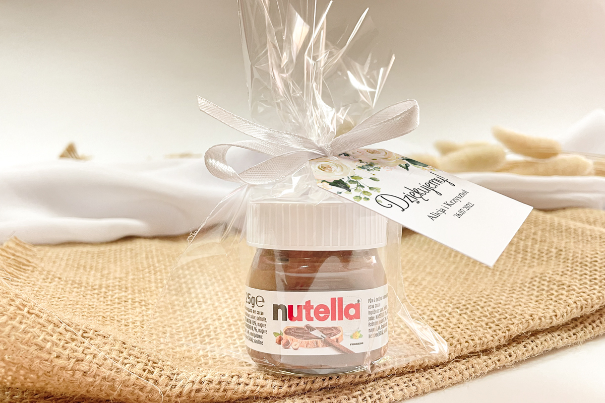 Nutella podziękowanie dla gości Nutella w woreczku podziękowanie dla gości - Białe hortensje