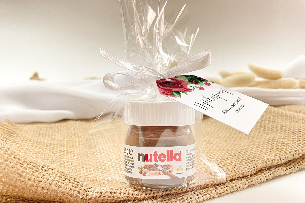 Nutella podziękowanie dla gości Nutella w woreczku podziękowanie dla gości - Burgundowe róże
