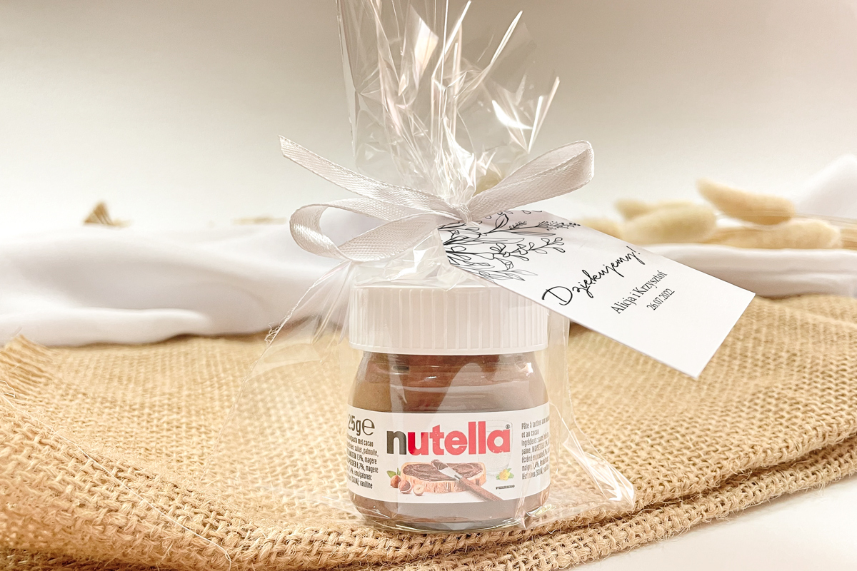 Nutella podziękowanie dla gości Nutella w woreczku podziękowanie dla gości - Szare gałązki