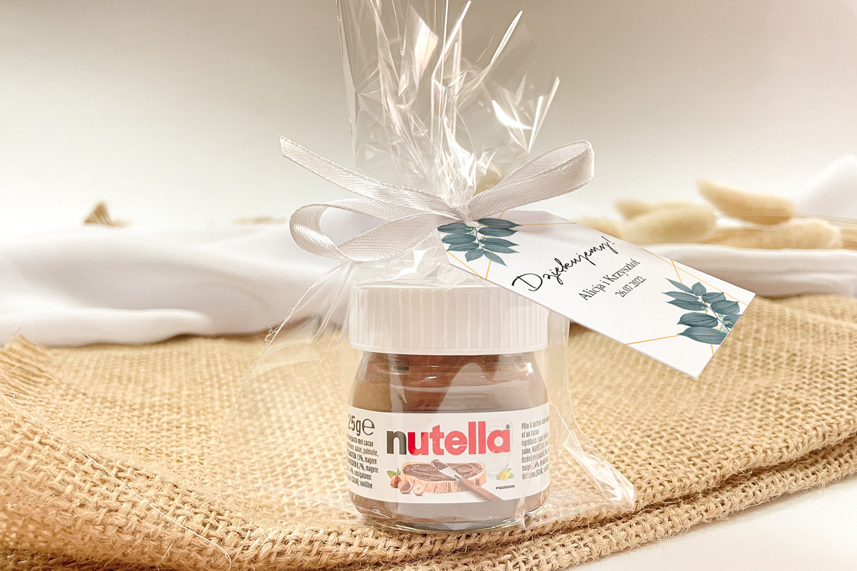 Nutella podziękowanie dla gości Nutella w woreczku podziękowanie dla gości - Geometryczne liście