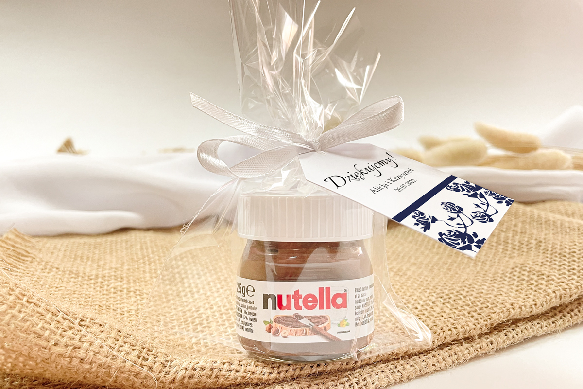 Nutella dla gości Nutella w woreczku podziękowanie dla gości - Ornament z kokardką granatowe