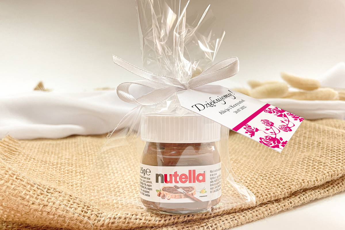 Nutella podziękowanie dla gości Nutella w woreczku podziękowanie dla gości - Ornament z kokardką różowe