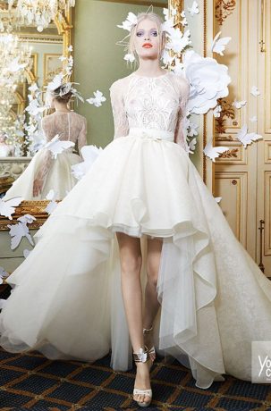 Suknie ślubne Asymetryczna suknia ślubna z koronkowym gorsetem z długim rękawem