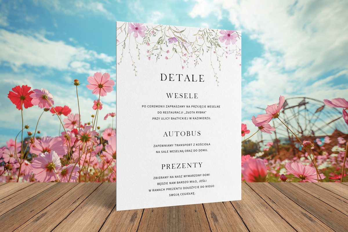 Dodatki ślubne Karta informacyjna/detale do Zaproszenia Premium - Dzikie Kwiaty - Minimalistyczne z motywem kwiatowym