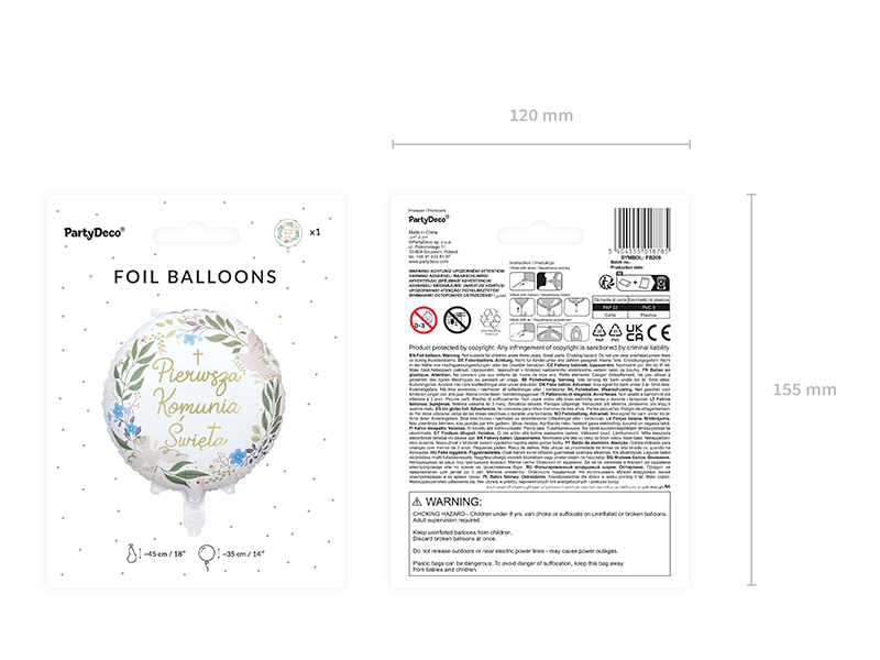 Balony na komunię Balon foliowy ''Pierwsza Komunia Święta'', 45 cm, mix