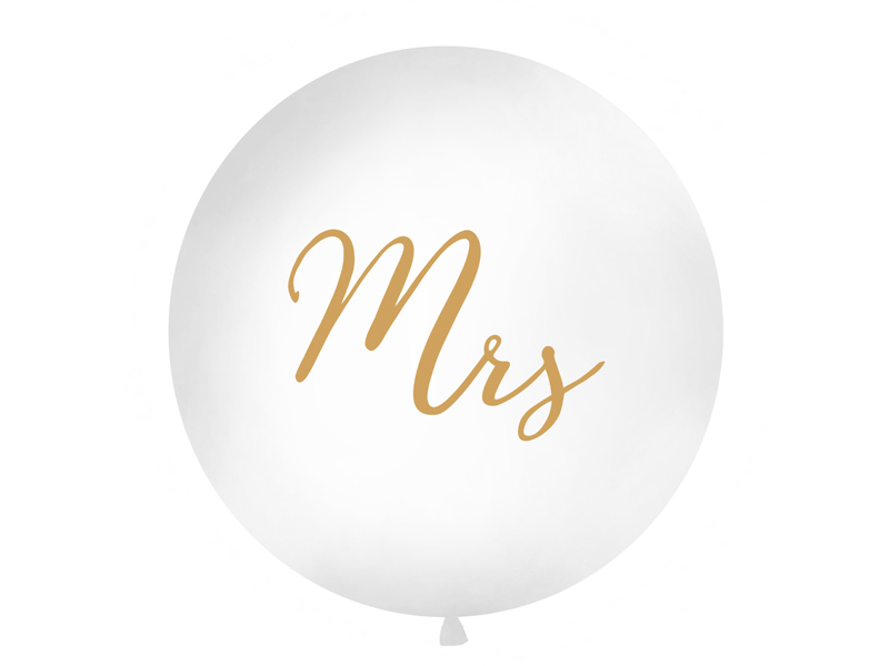 Dekoracje ślubne Balon 1 m, Mrs ze złotym napisem, biały