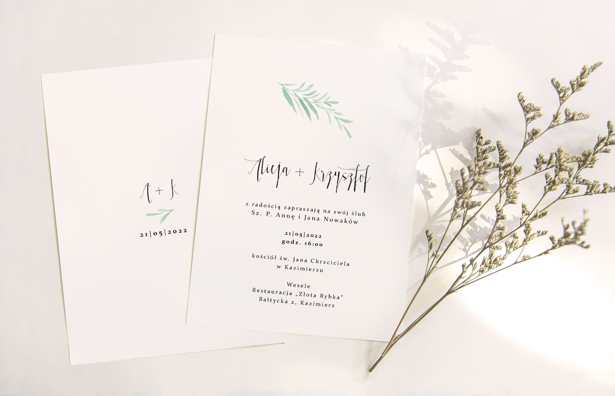 Zaproszenia Ślubne Zaproszenie ślubne B6 minimalistyczne - Zielona gałązka