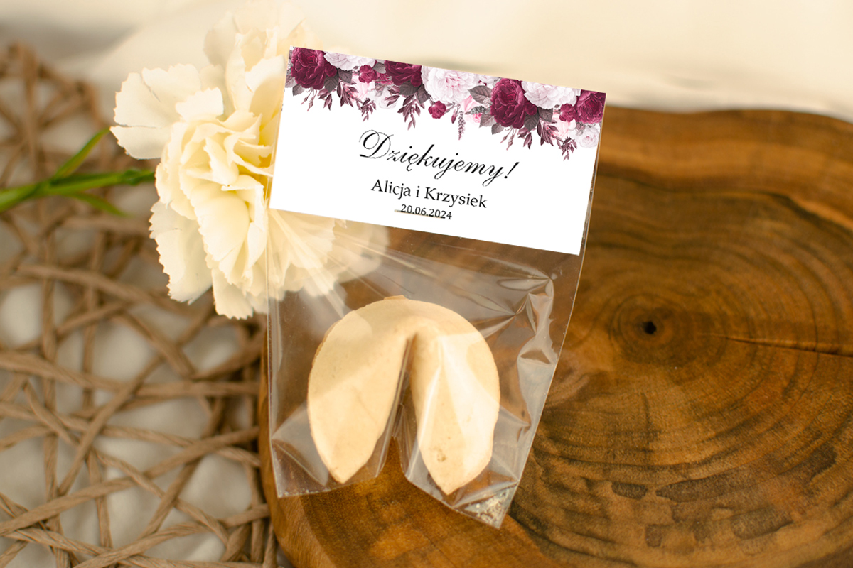 Ciasteczka dla gości weselnych Ciasteczko z wróżbą - Geometryczne kwiaty - Amarantowy Bukiet