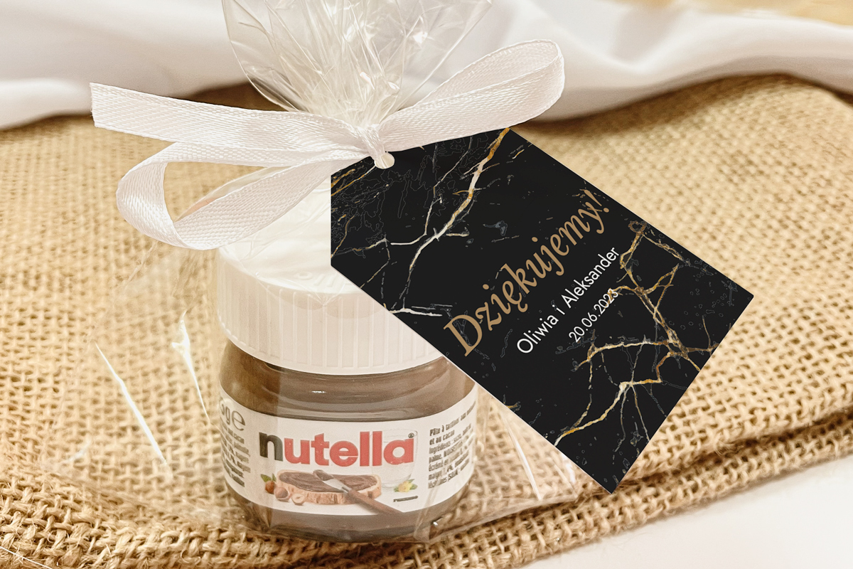 Nutella podziękowanie dla gości Nutella w woreczku podziękowanie dla gości - Geometryczne marmurkowe - Ciemne - Złoty heksagon