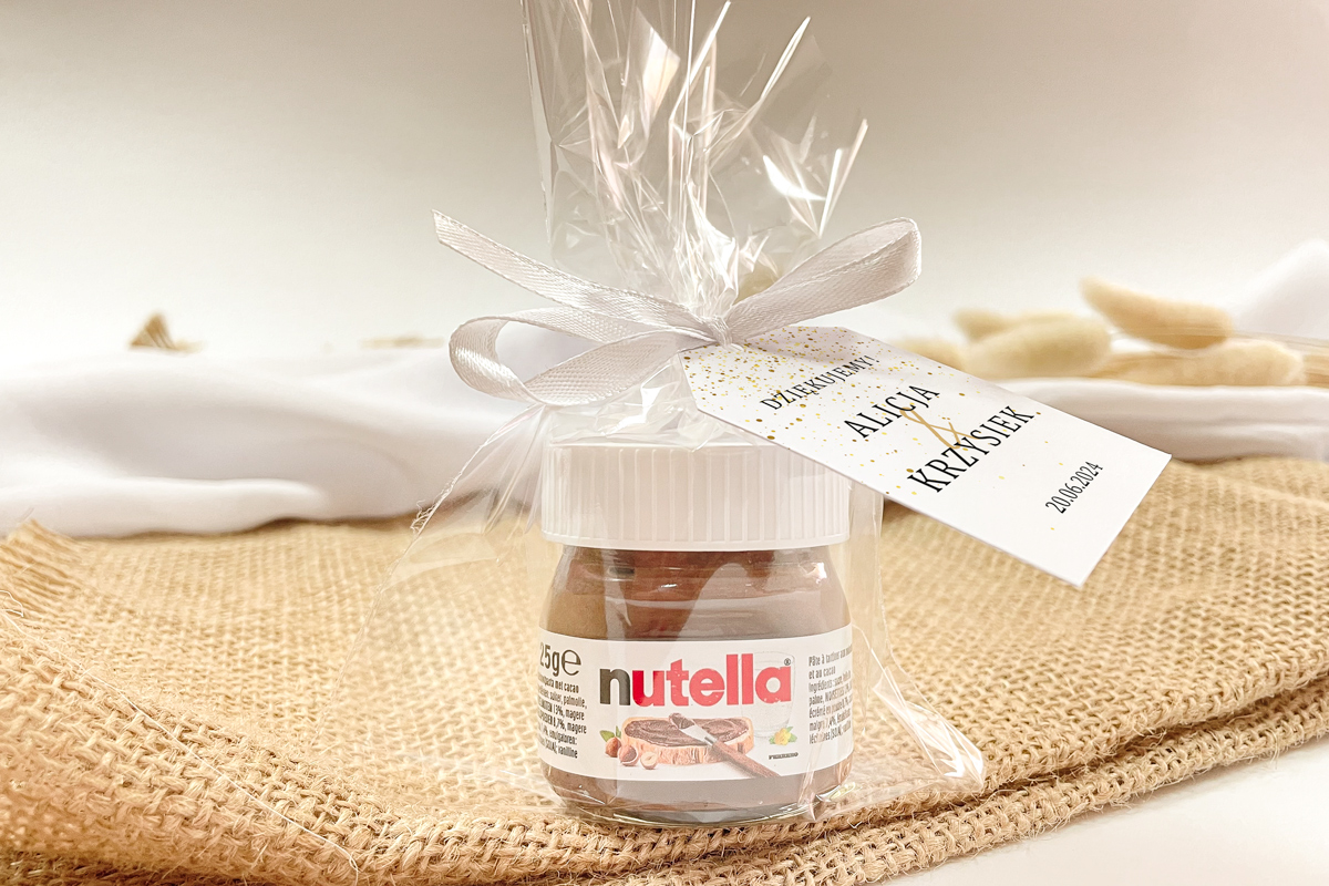 Podziękowania ślubne Nutella w woreczku podziękowanie dla gości - Minimalistyczne ze złotem – Złote kropeczki