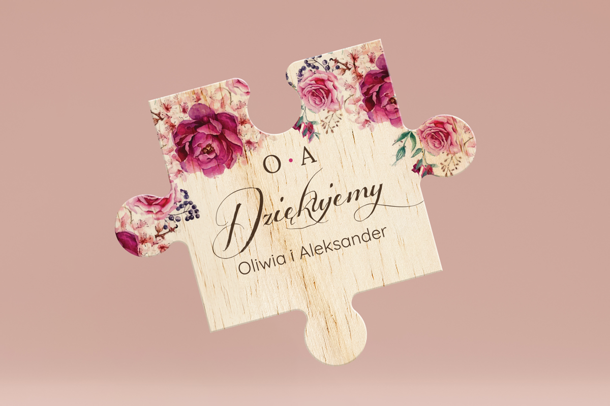 Magnesy w kształcie puzzla Magnes puzzel - Podziękowania dla gości - Fuksjowe Peonie