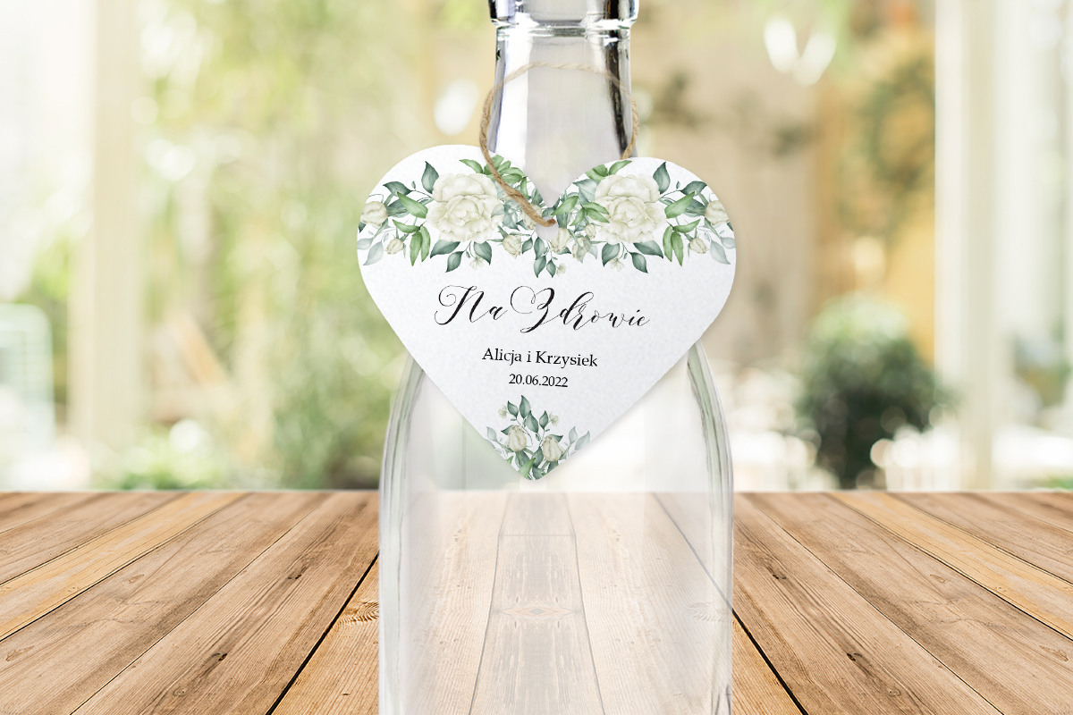 Dodatki ślubne Zawieszka na alkohol w kształcie serca - Geometryczne kwiaty - Białe róże