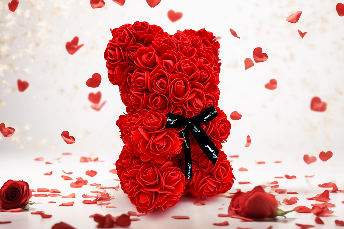 Miś z róż Miś z róż w pudełku + GRATISY - Prezent na Dzień Kobiet, Walentynki, Urodziny, Rocznicę - 30 cm - Sprawdzony