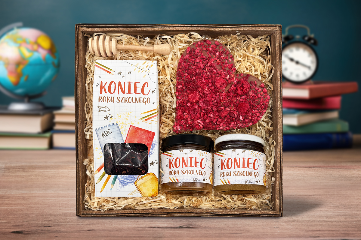 Duże kosze prezentowe Zestaw prezentowy - Prezent Dla Nauczyciela - Podziękowanie na Koniec Roku - Konfitura, Miód, Herbata, Czerpak, Czekolada