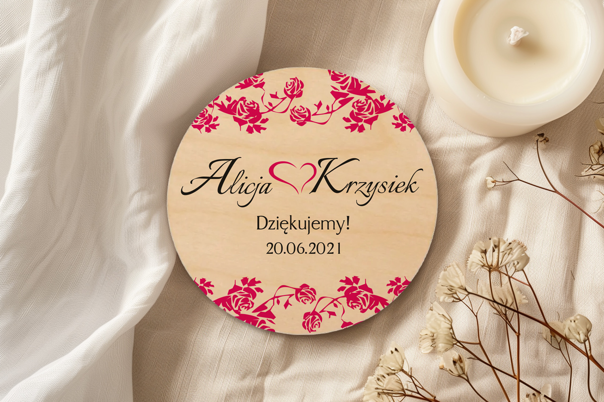 Magnesy ślubne Magnes koło - Podziękowanie dla Gości - Ornament z kokardką - Różowe