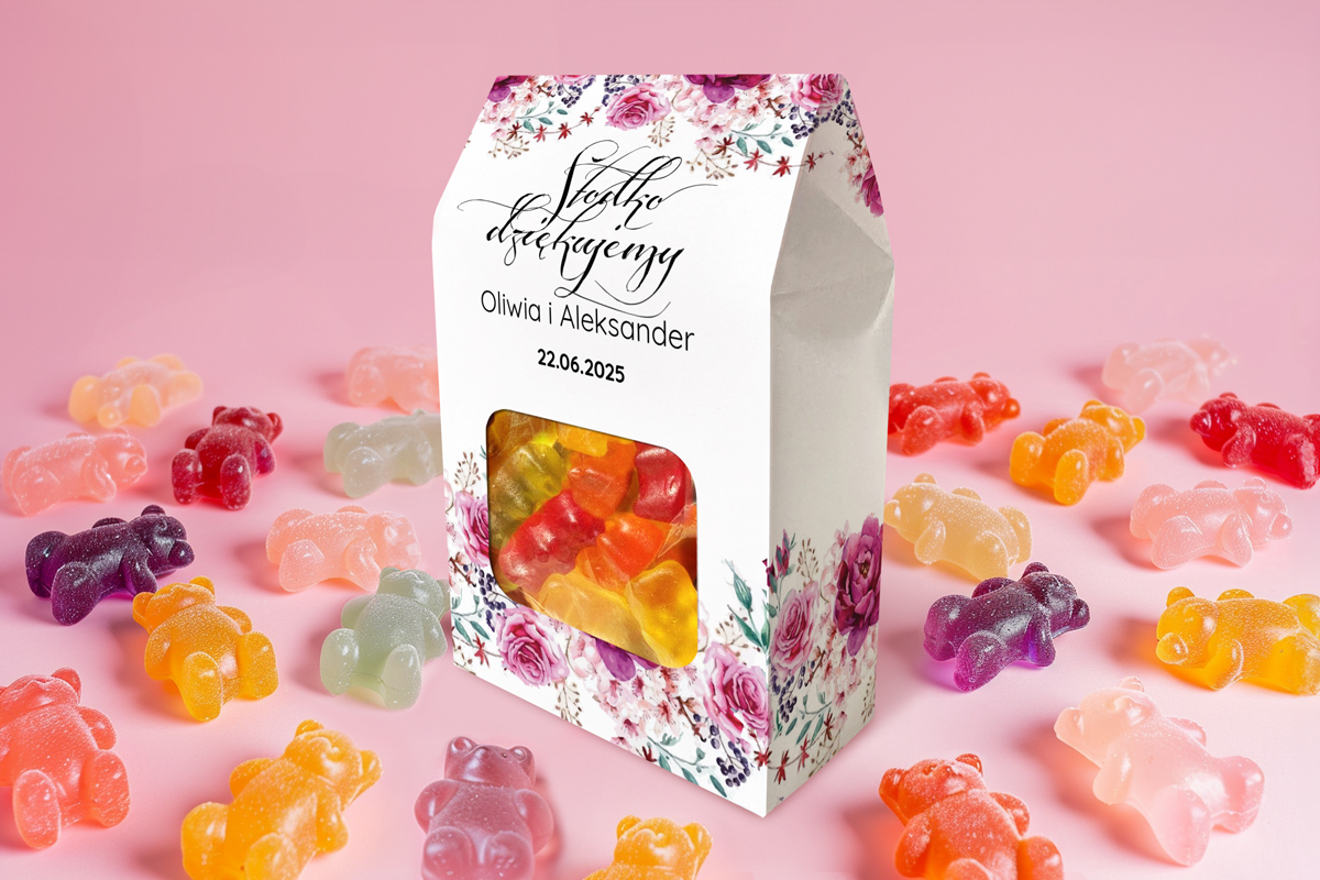 Podziękowania ślubne Żelki w pudełeczku - Podziękowanie dla Gości - Fuksjowe Peonie